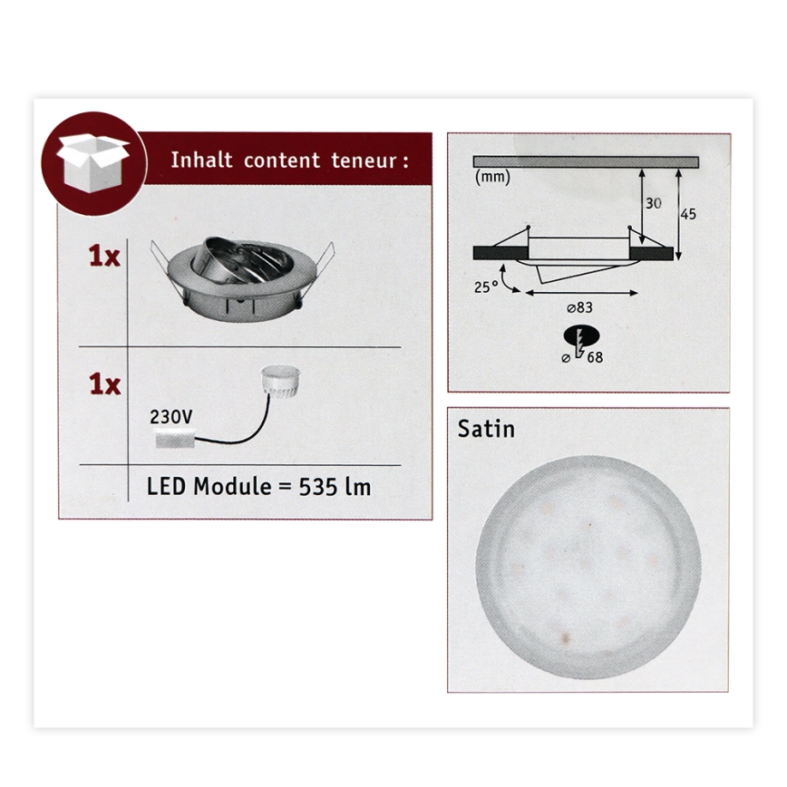 Paulmann 93979 - LED/6,8W IP23 Bathroom recessed light COIN 230V