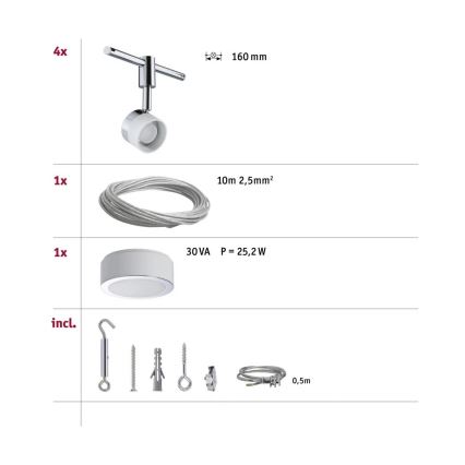 Paulmann 94080 - Set 4x LED / 4.8W, Complete STAGE 230V Cable System, Polished Chrome