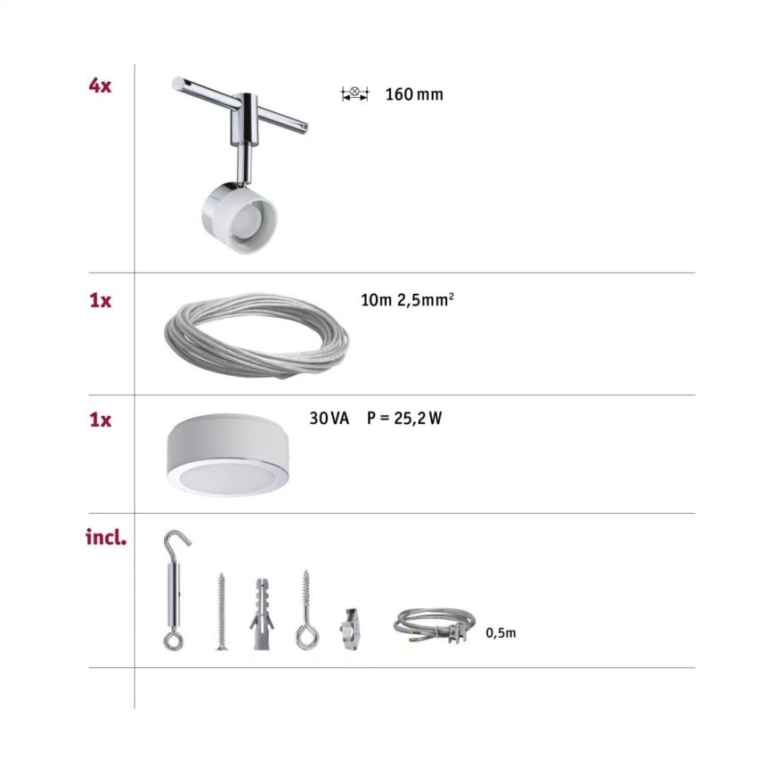 Paulmann 94080 - Set 4x LED / 4.8W, Complete STAGE 230V Cable System, Polished Chrome