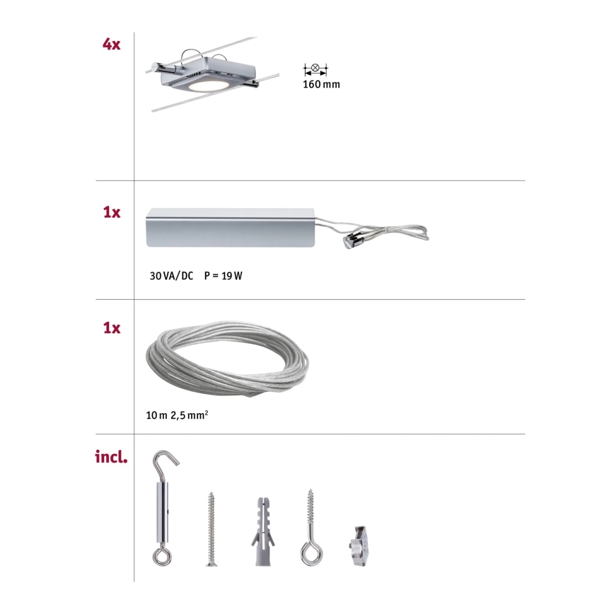 Paulmann 94107 - Set of 4 LEDs, 4.3 W each - Complete MAC cable system 230 V, matte chrome