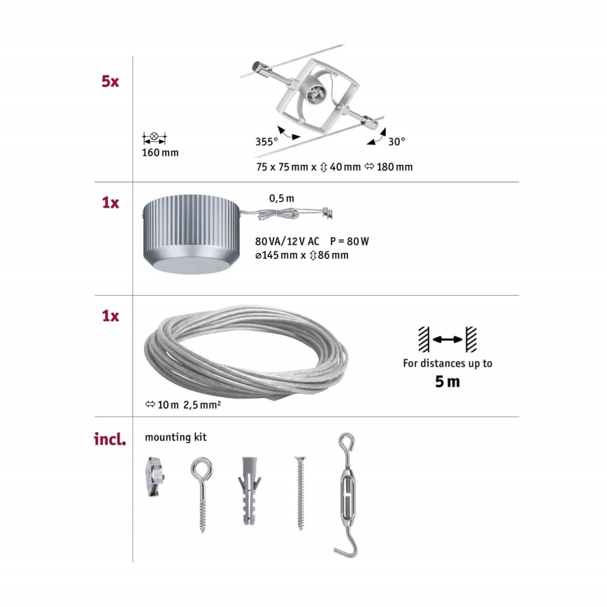 Paulmann 94133 - Complete MAC 230V Cable Lighting System, Set with 5 x GU5.3/10W, Matte Chrome