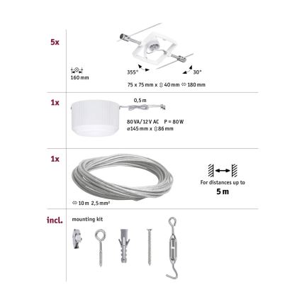 Paulmann 94134 - Set of 5 x GU5.3/10W Complete MAC 230V cable lighting system, white