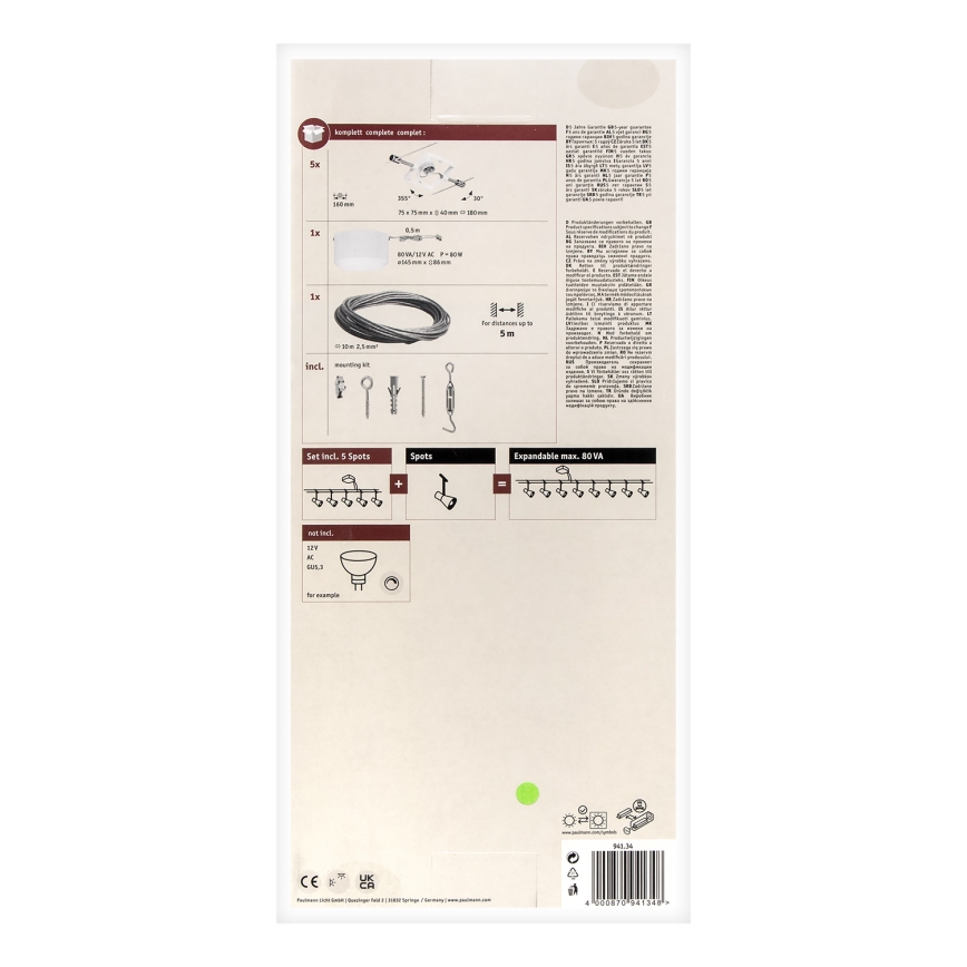 Paulmann 94134 - Set of 5 x GU5.3/10W Complete MAC 230V cable lighting system, white