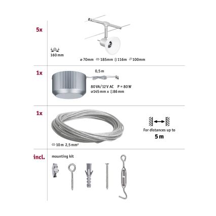 Paulmann 94136 - SET 5xGU5,3/10W Spotlight for string system SHEELA 230V shiny chrome