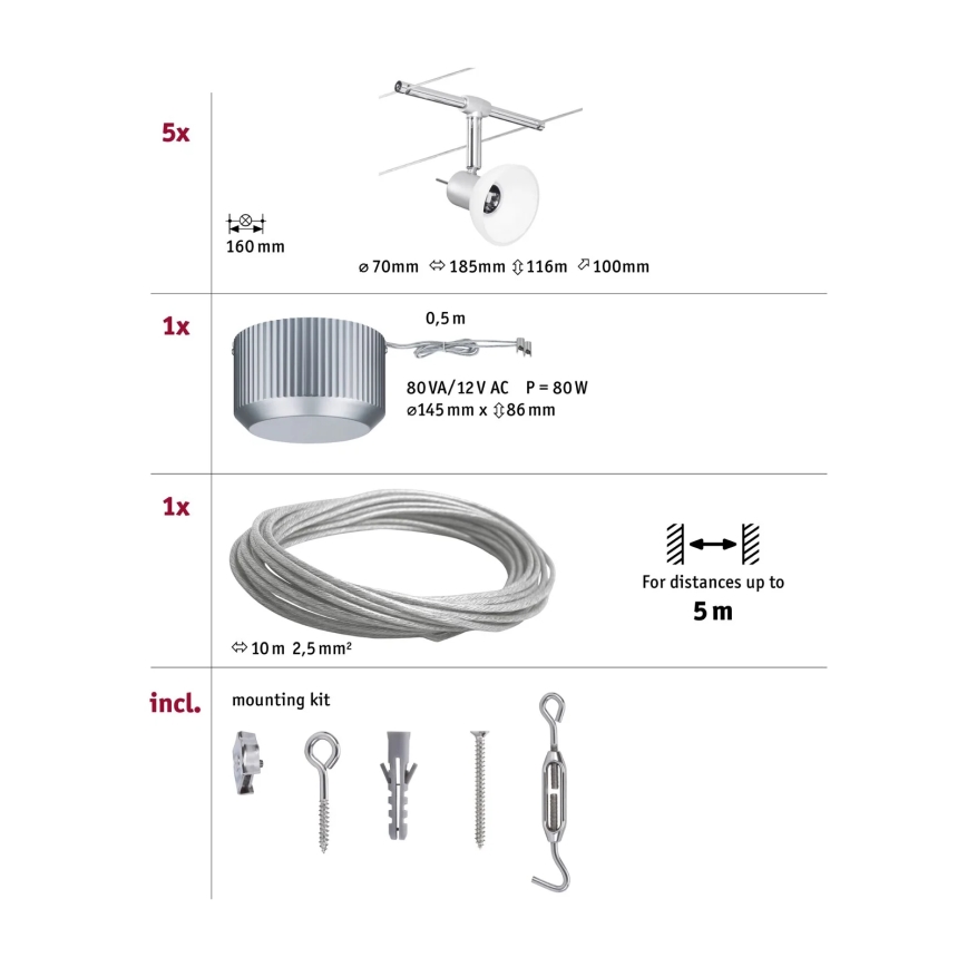 Paulmann 94136 - SET 5xGU5,3/10W Spotlight for string system SHEELA 230V shiny chrome
