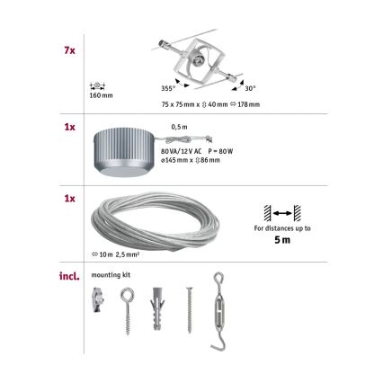 Paulmann 94152 - Complete MAC cable lighting system 230V, set of 7 x GU5.3/10W, matte chrome