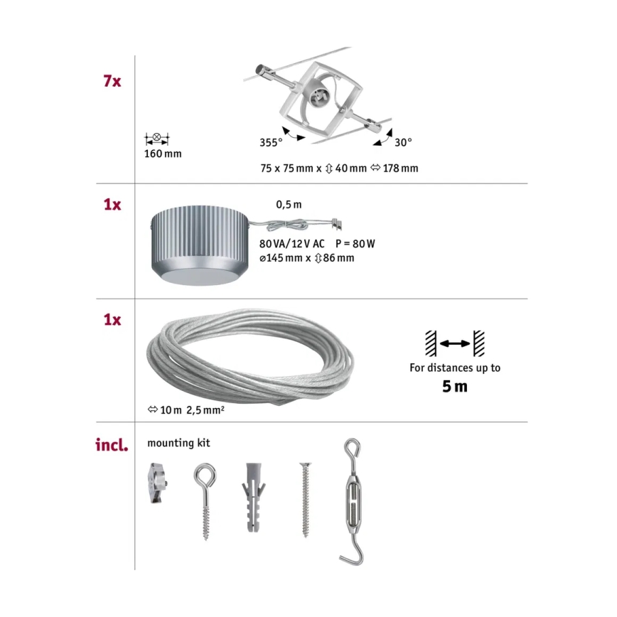 Paulmann 94152 - Complete MAC cable lighting system 230V, set of 7 x GU5.3/10W, matte chrome