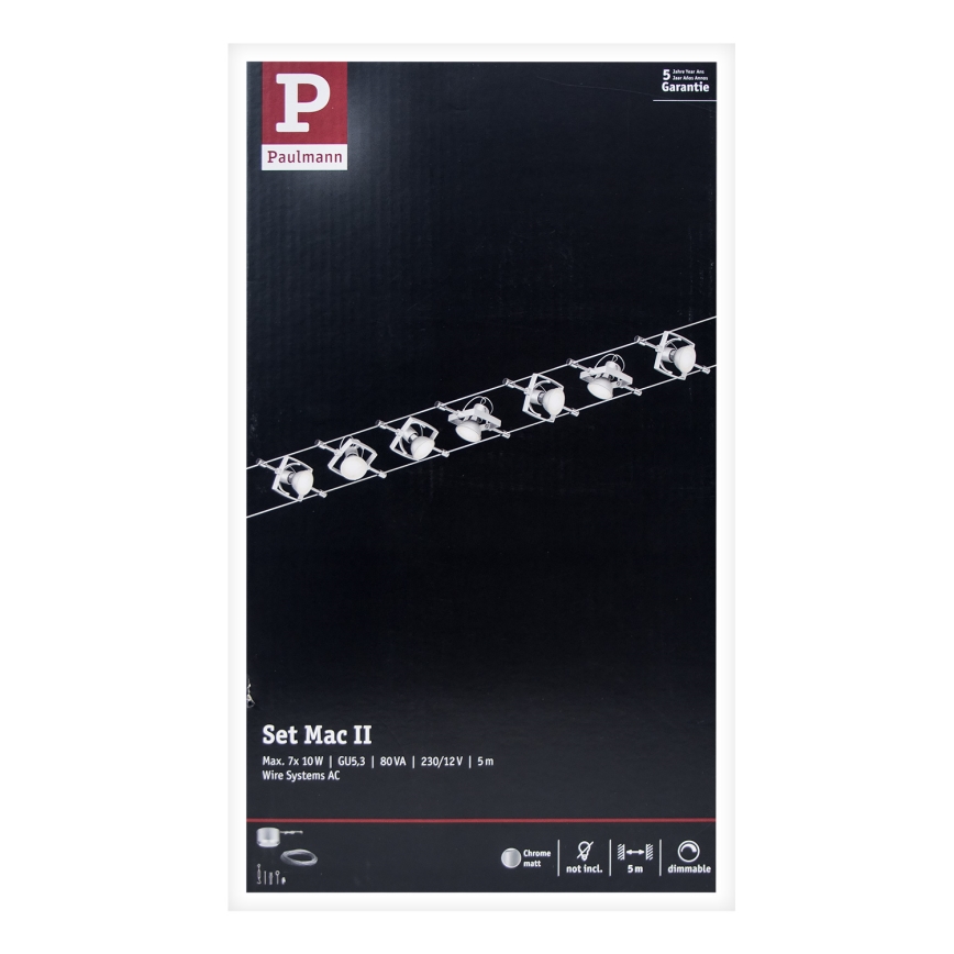 Paulmann 94152 - Complete MAC cable lighting system 230V, set of 7 x GU5.3/10W, matte chrome