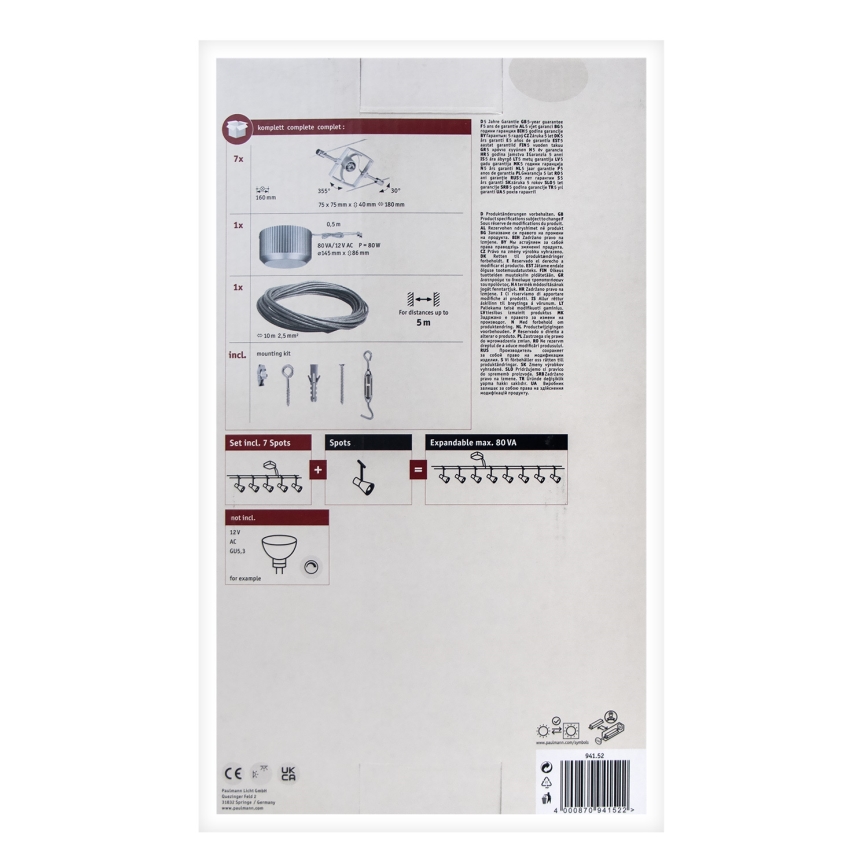 Paulmann 94152 - Complete MAC cable lighting system 230V, set of 7 x GU5.3/10W, matte chrome