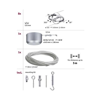 Paulmann 94153 - SET 8xGU5,3/10W Spotlight for a string system CARDAN 230V