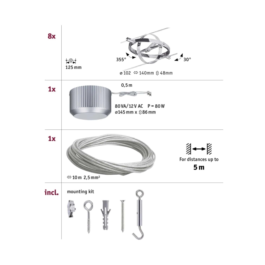 Paulmann 94153 - SET 8xGU5,3/10W Spotlight for a string system CARDAN 230V