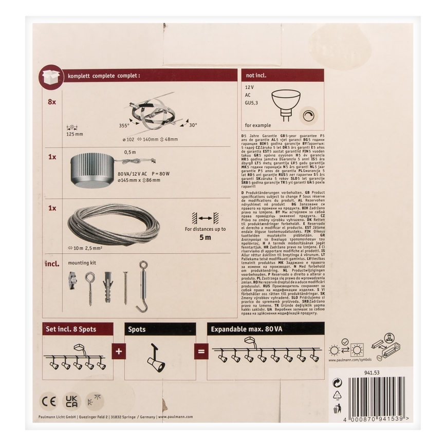 Paulmann 94153 - SET 8xGU5,3/10W Spotlight for a string system CARDAN 230V