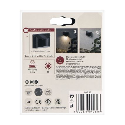 Paulmann 94233 - LED/0,05W IP44 Solar wall light ELLIOT 1,2V