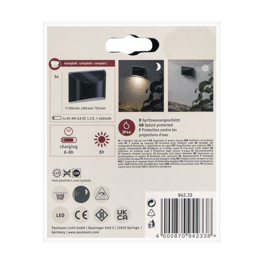 Paulmann 94233 - LED/0,05W IP44 Solar wall light ELLIOT 1,2V