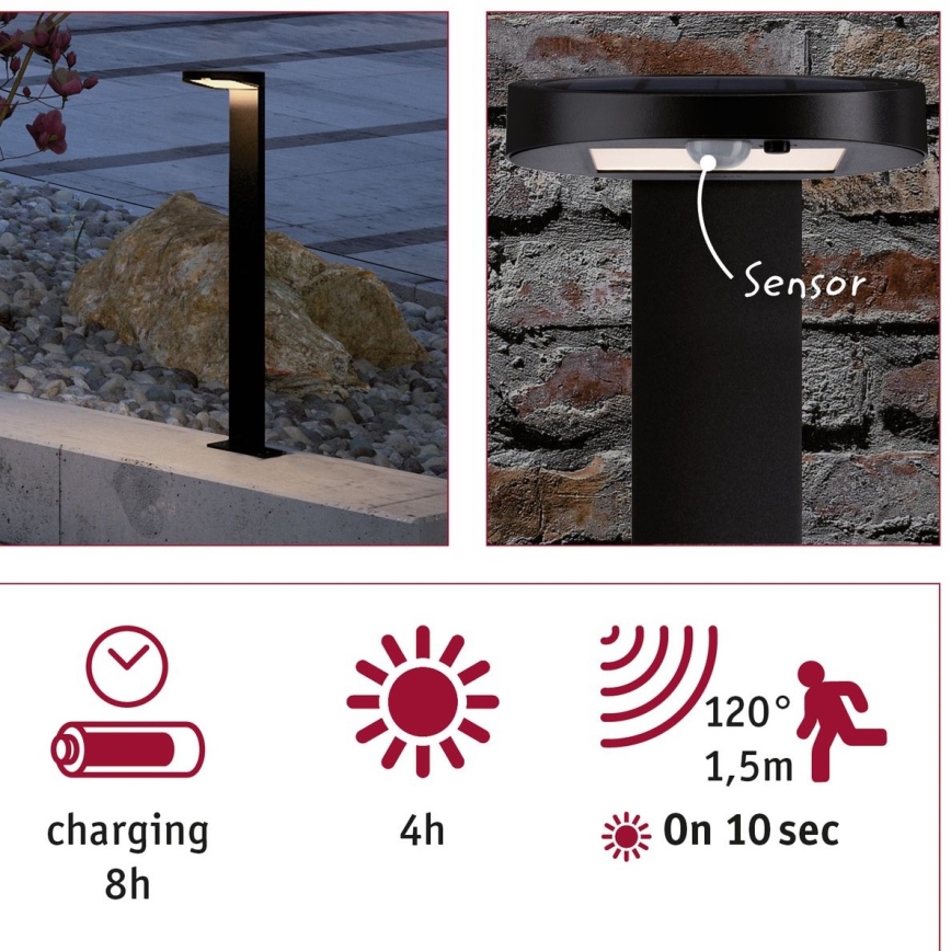 Paulmann 94249 - LED/1,2W IP44 Outdoor solar lamp with sensor RYSE 3,7V 1800 mAh