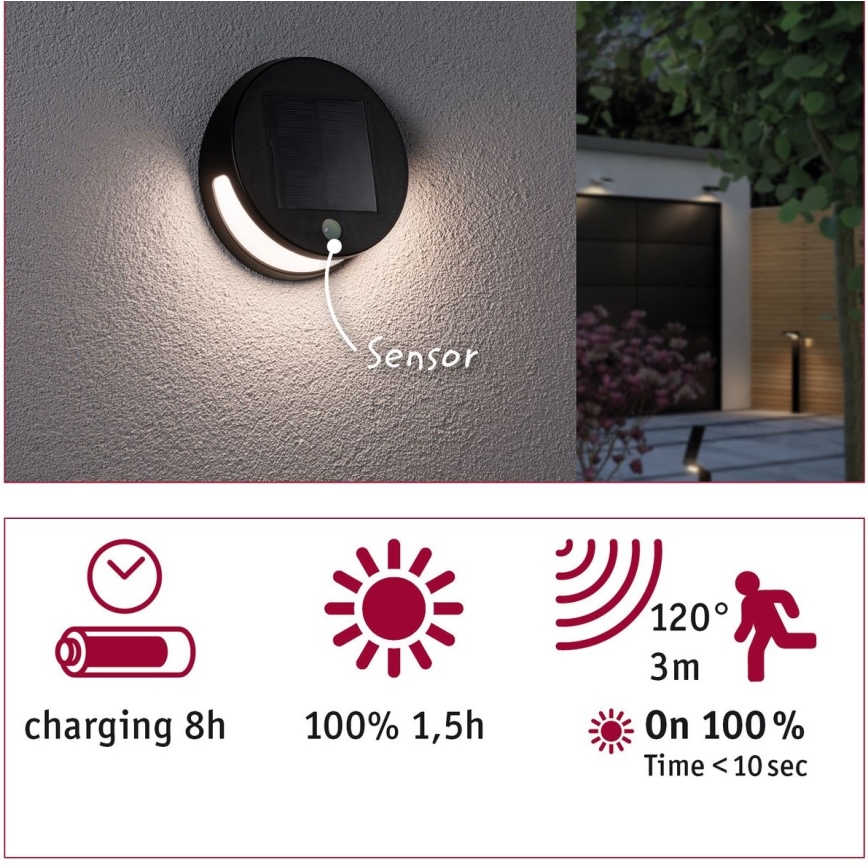 Paulmann 94265 - LED/3W IP44 Outdoor solar light with sensor HELENA 3,7V 1800 mAh