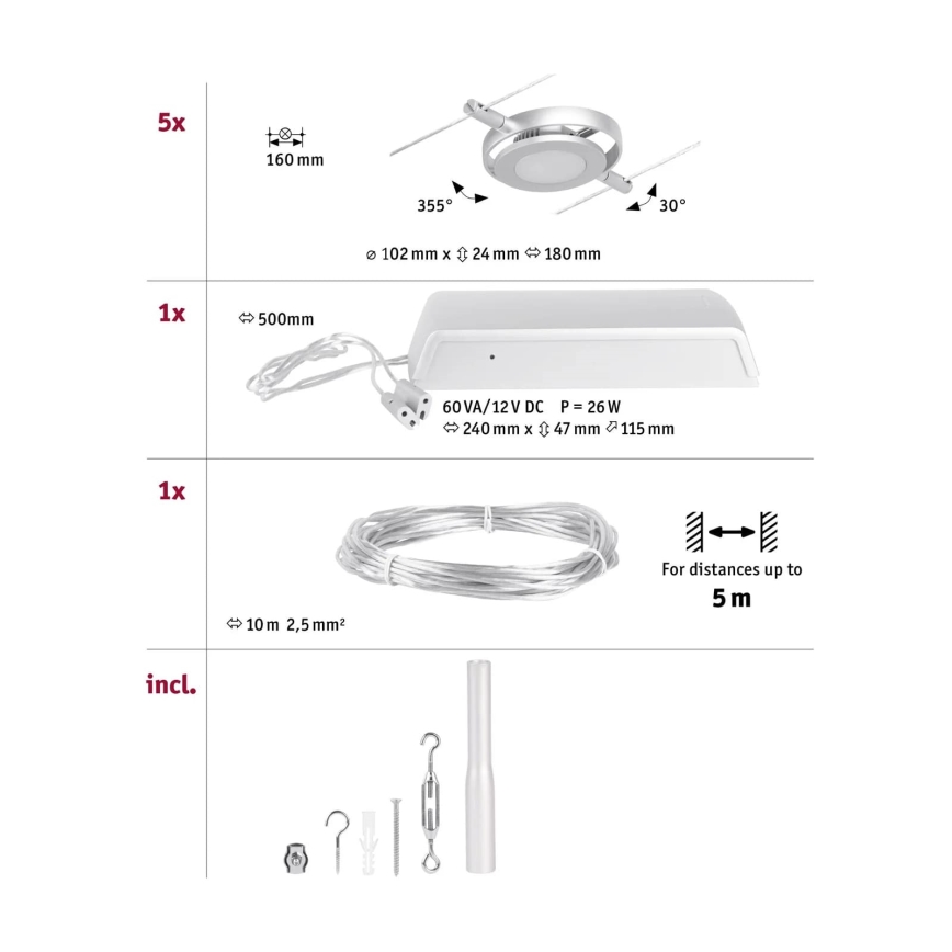 Paulmann 94414 - SET 5xLED/4,5W Spotlight for a string system ROUNDMAC 230V shiny chrome