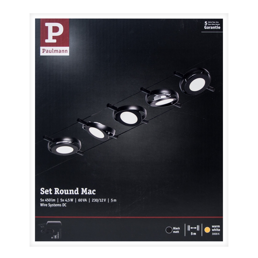 Paulmann 94418 - SET 5x LED/4.5W Complete ROUNDMAC cable lighting system 230V black