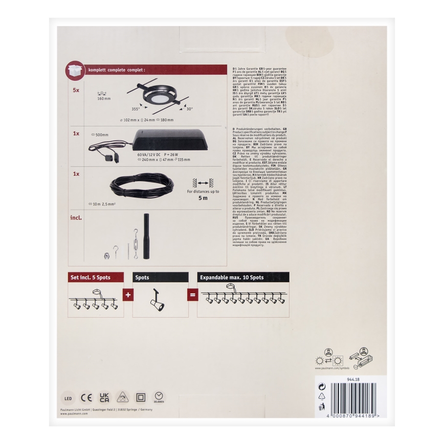 Paulmann 94418 - SET 5x LED/4.5W Complete ROUNDMAC cable lighting system 230V black