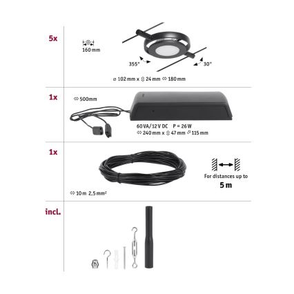 Paulmann 94418 - SET 5x LED/4.5W Complete ROUNDMAC cable lighting system 230V black