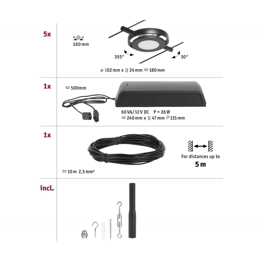 Paulmann 94418 - SET 5x LED/4.5W Complete ROUNDMAC cable lighting system 230V black