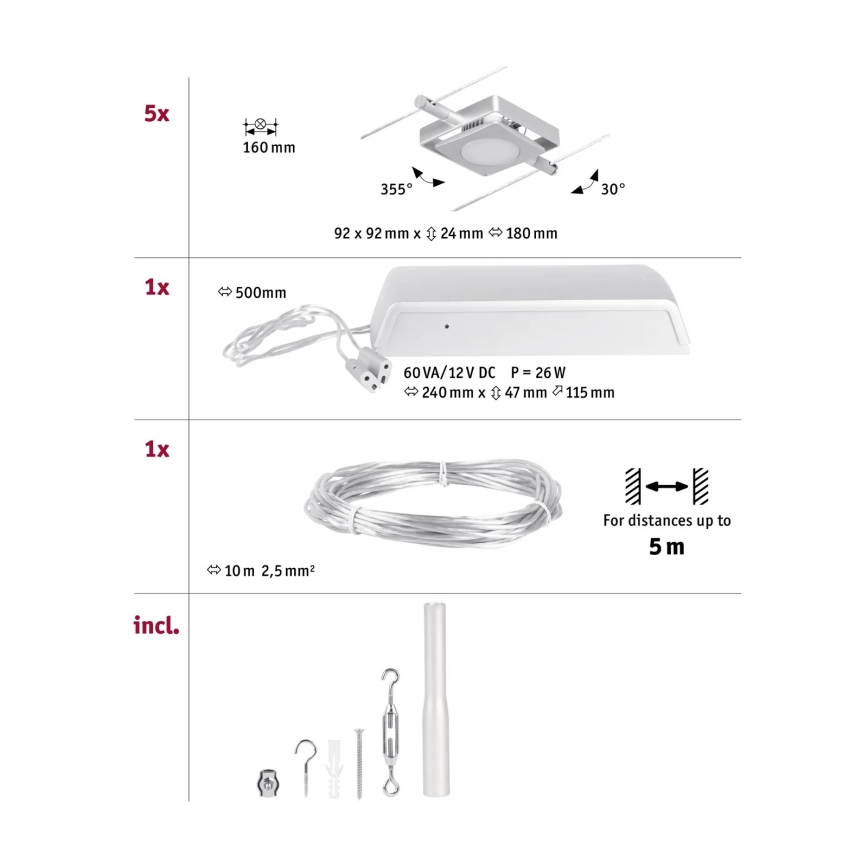 Paulmann 94420 - SET 5xLED/4,5W Spotlight for string system MAC 230V matte chrome