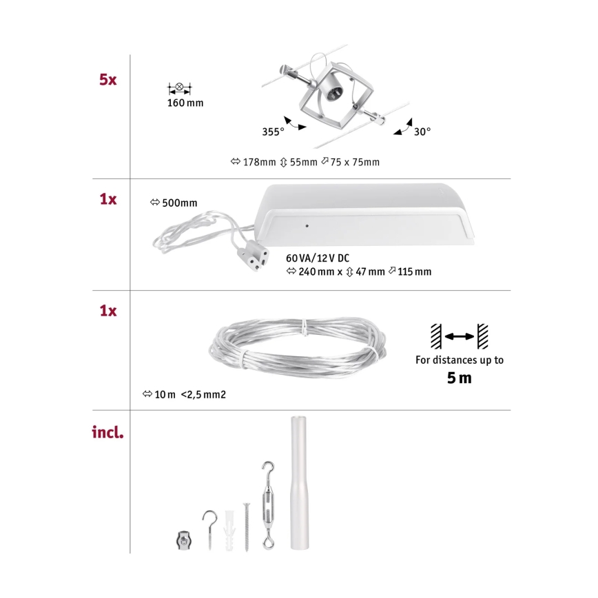 Paulmann 94430 - SET 5xGU5,3/10W Spotlight for string system MAC 230V matte chrome