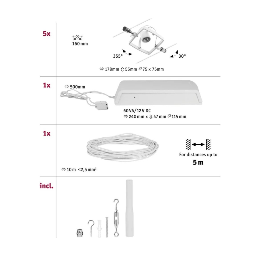 Paulmann 94432 - SET 5xGU5,3/10W Spotlight for string system MAC 230V white