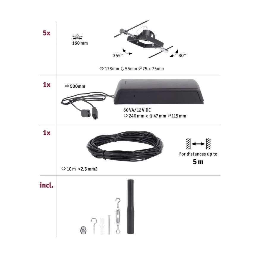 Paulmann 94434 - SET 5xGU5,3/10W Spotlight for a string system MAC 230V black