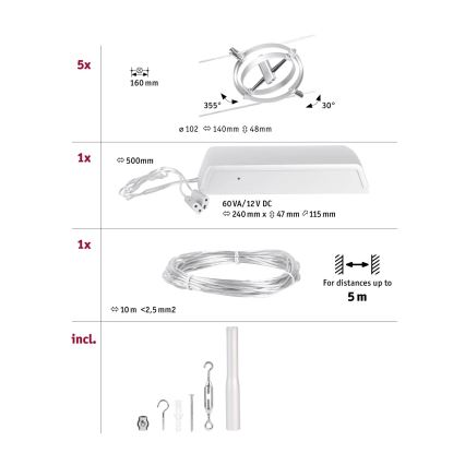 Paulmann 94436 - SET 5xGU5,3/10W Spotlight for string system CARDAN 230V matte chrome