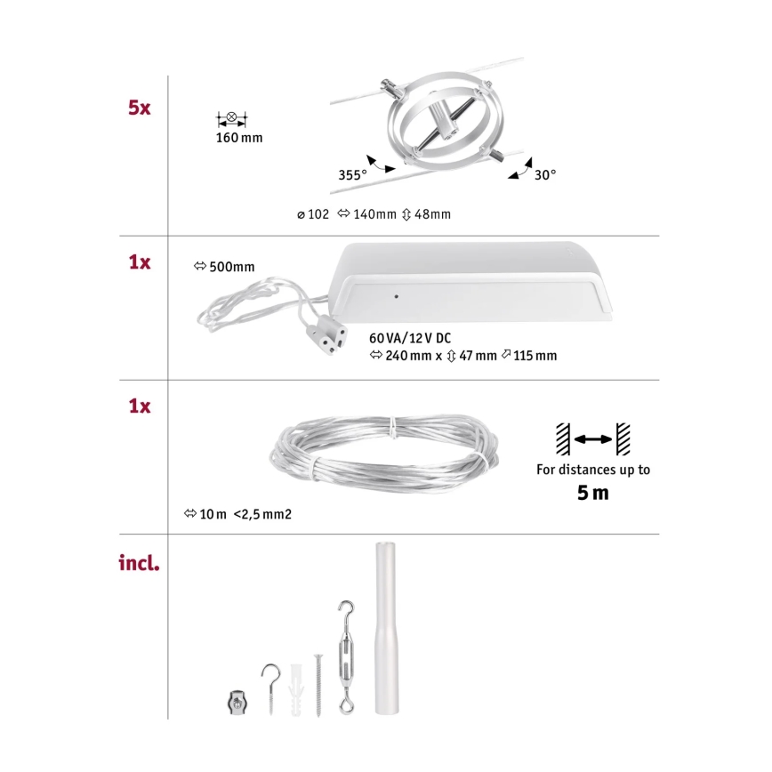 Paulmann 94436 - 5x GU5.3/10W set, complete CARDAN 230V cable suspension system, matte chrome