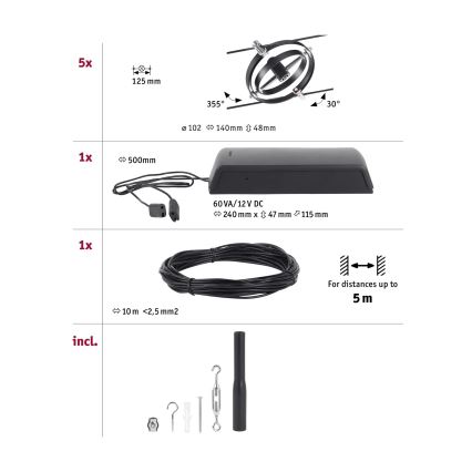 Paulmann 94440 - SET 5xGU5,3/10W Spotlight for string system CARDAN 230V black