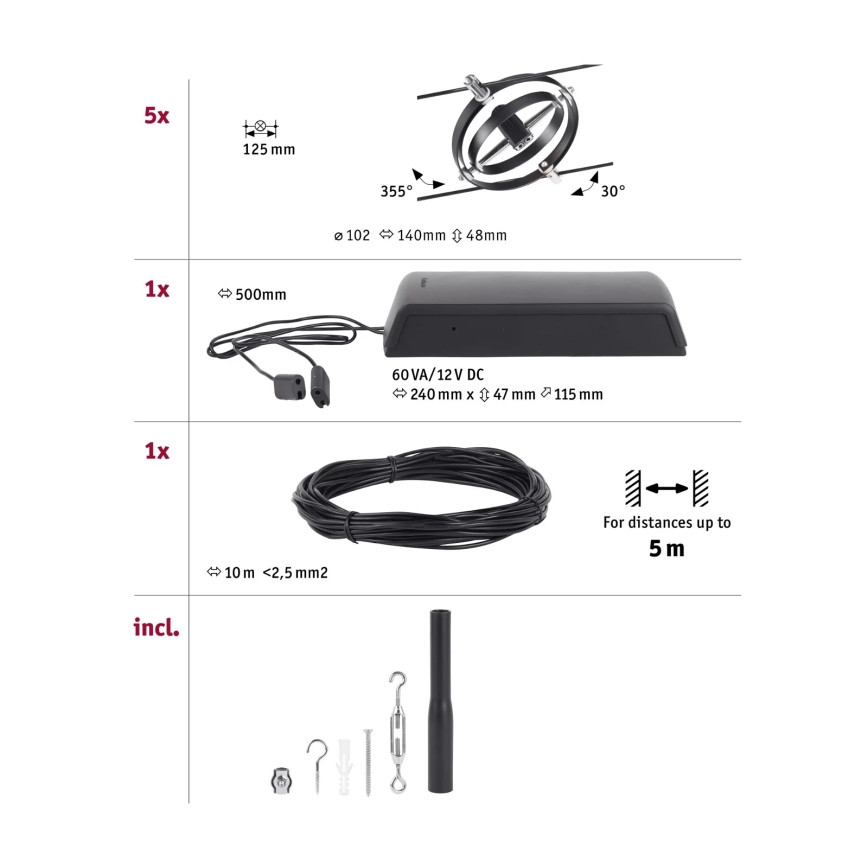 Paulmann 94440 - SET 5xGU5,3/10W Spotlight for string system CARDAN 230V black
