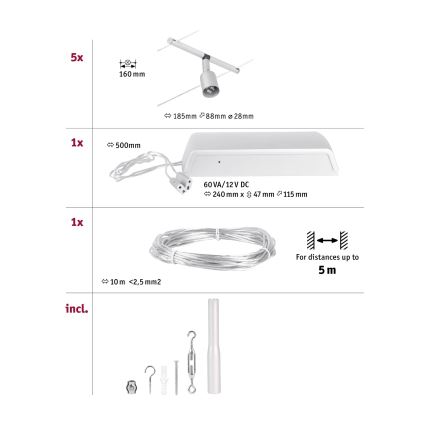 Paulmann 94442 - Set of 5 GU5.3/10W — Complete SALT cable system 230V, matte chrome