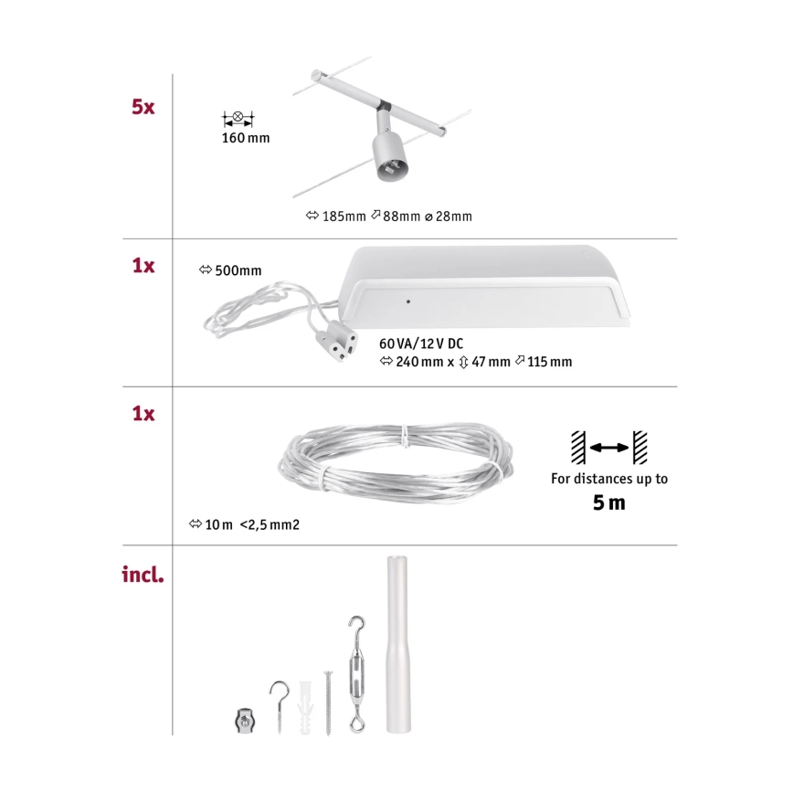 Paulmann 94442 - Set of 5 GU5.3/10W — Complete SALT cable system 230V, matte chrome