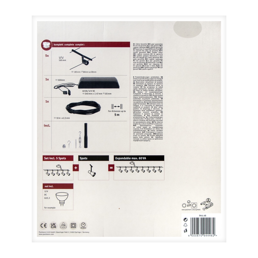 Paulmann 94446 - SET 5xGU5,3/10W Spotlight for a string system SALT 230V black