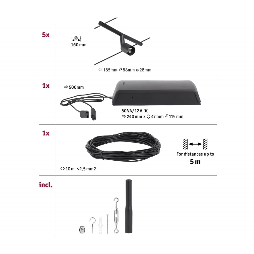 Paulmann 94446 - SET 5xGU5,3/10W Spotlight for a string system SALT 230V black