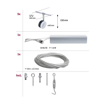 Paulmann 94457 - SET 5x LED/4W Complete cable system CLEAR 230V Black/Glossy Chrome