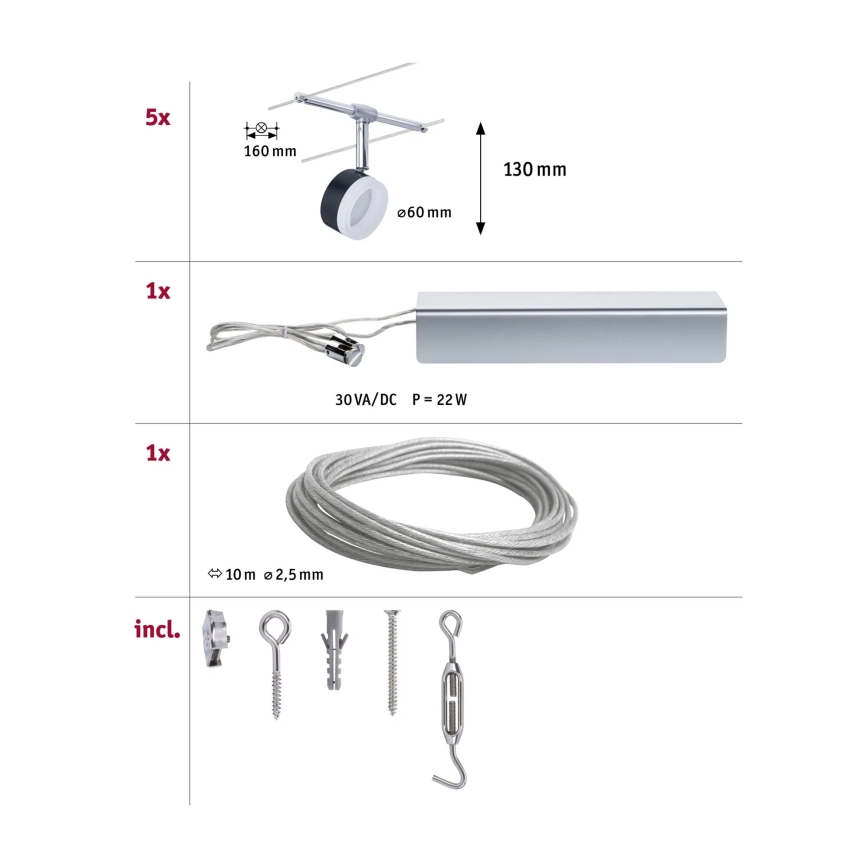 Paulmann 94457 - SET 5x LED/4W Complete cable system CLEAR 230V Black/Glossy Chrome