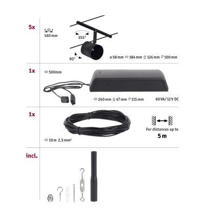 Paulmann 94469 - 5x GU5.3/10W Kit — Complete CUP Cable Lighting System, 230V, Black