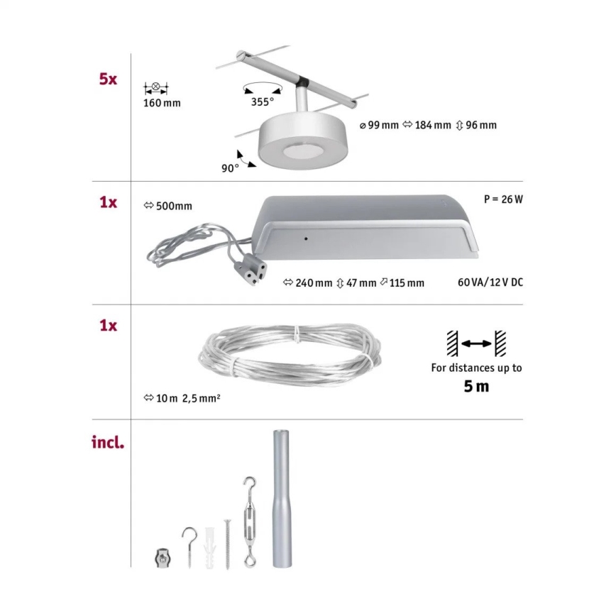 Paulmann 94475 - SET 5xLED/5W Spotlight for string system CIRCLE 230V matte chrome