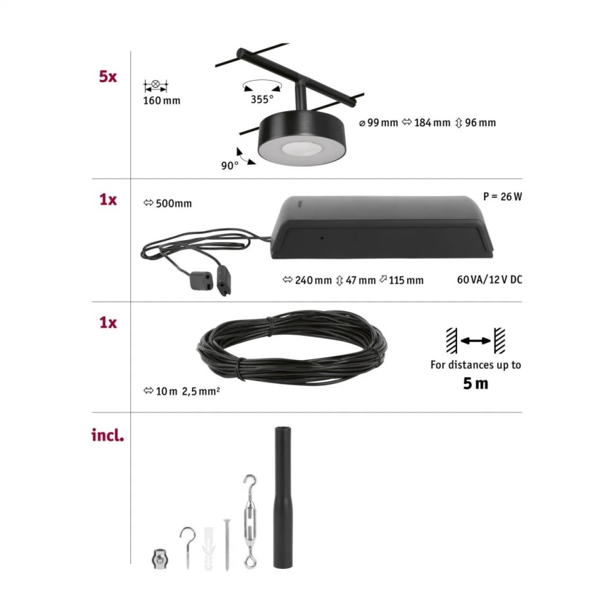 Paulmann 94479 - SET 5xLED/5W Spotlight for string system CIRCLE 230V black