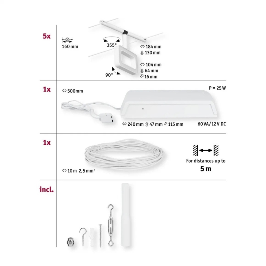Paulmann 94483 - SET 5× LED/4.8 W Complete FRAME cable lighting system 230V white