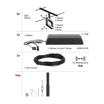 Paulmann 94485 - FRAME Complete Cable Lighting System Set, 5× LED (4.8 W), 230 V, Black