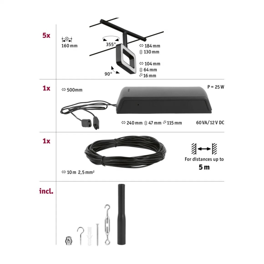 Paulmann 94485 - FRAME Complete Cable Lighting System Set, 5× LED (4.8 W), 230 V, Black