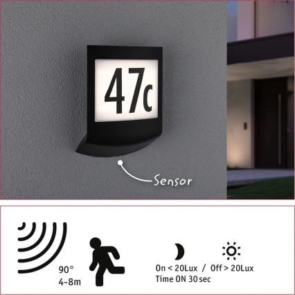 Paulmann 94513 - RGBW LED/8,2W IP44 Dimmable illuminated house number with motion and dusk sensor PADEA 230V anthracite