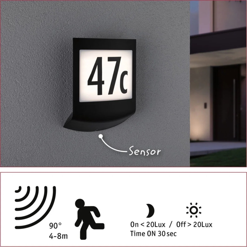 Paulmann 94513 - RGBW LED/8,2W IP44 Dimmable illuminated house number with motion and dusk sensor PADEA 230V anthracite