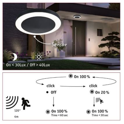 Paulmann 94526 - LED/14W IP44 Outdoor ceiling light with sensor CIRCULA 230V