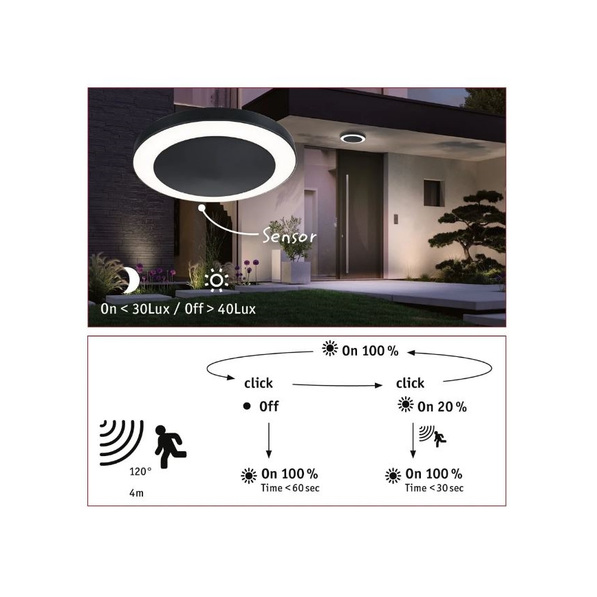 Paulmann 94526 - LED/14W IP44 Outdoor ceiling light with sensor CIRCULA 230V