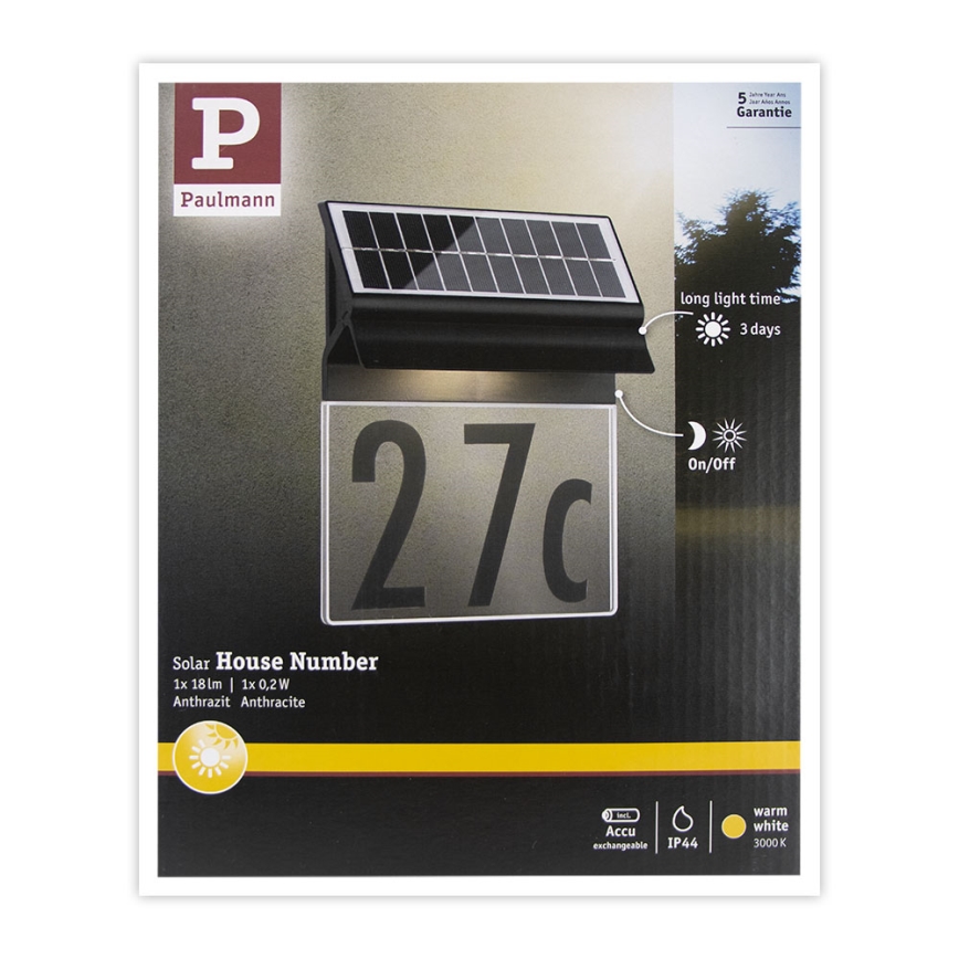 Paulmann 94694 - LED/0,2W IP44 Solar house number NEDA 3,7V 1800 mAh